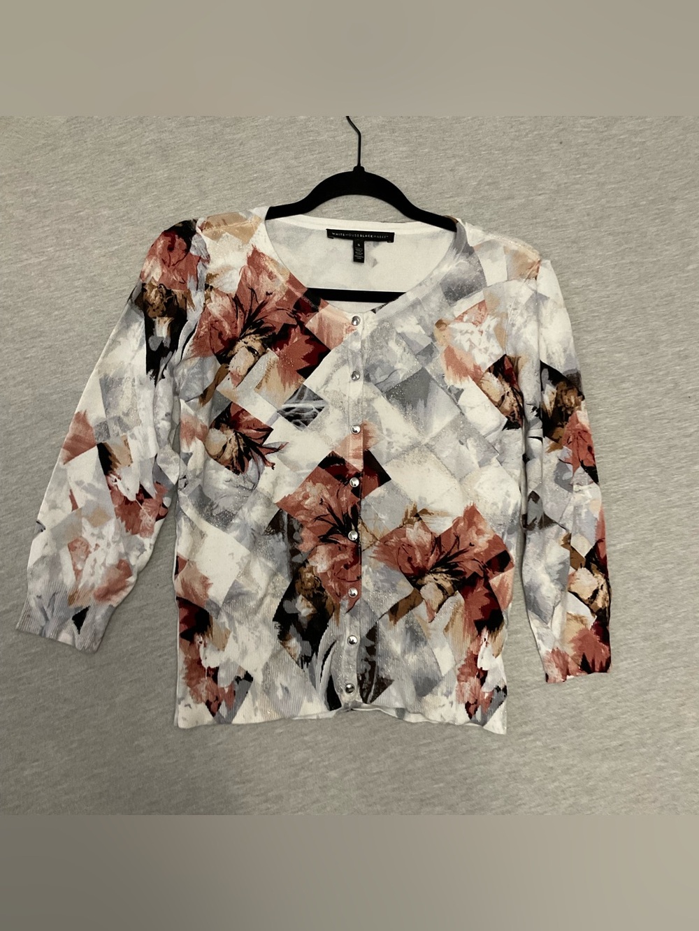 White House Black Market Floral Print Button Front Cardigan - White and Rose